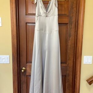 Vera Wang Pale Silver V-Neck Satin Maxi Dress